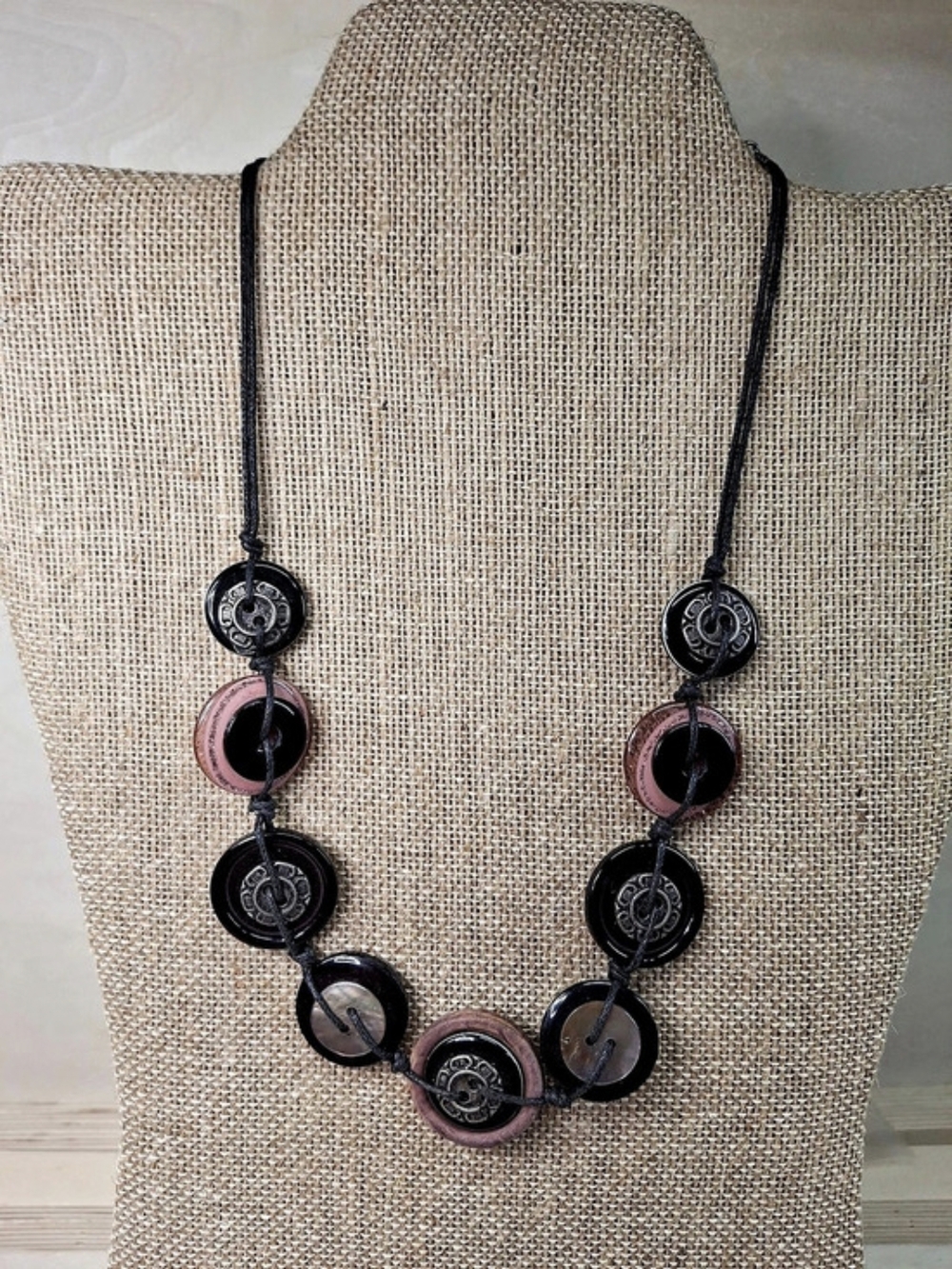 Button Statement Necklace in Black & Pink